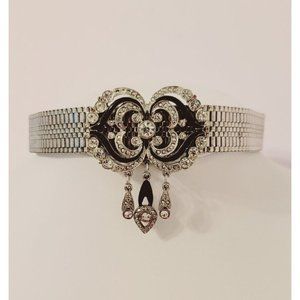 Choker Necklace Clear Rhinestone Black Enamel Center Brooch Silver Tone 11 Inch